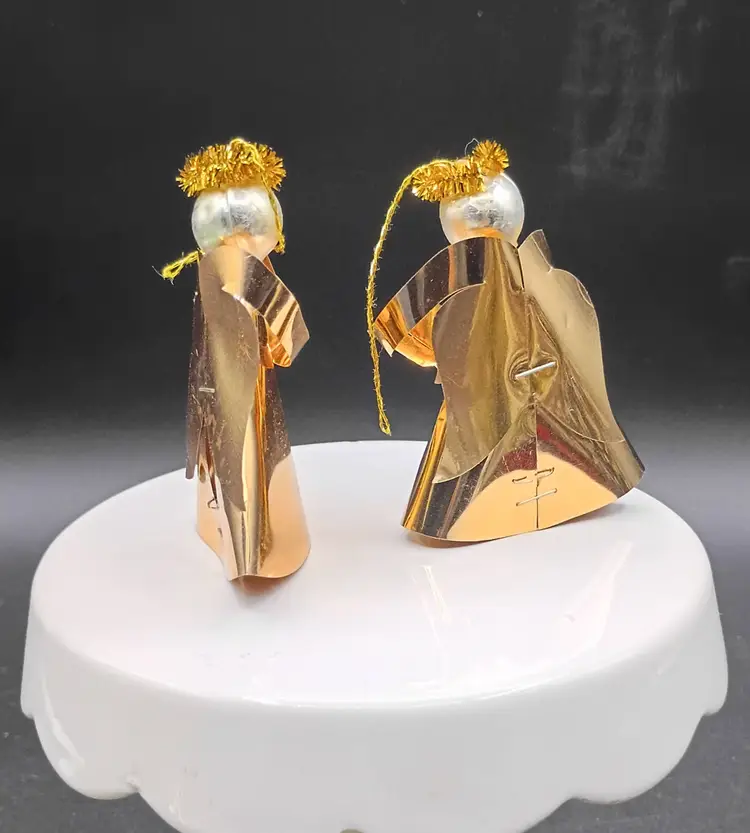 Vintage Copper Tone Foil Choir Angels with Pearl Head and Tinsel Halo Ornaments