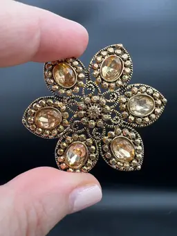 Golden Flower Brooch With Yellow Stones Not Marked