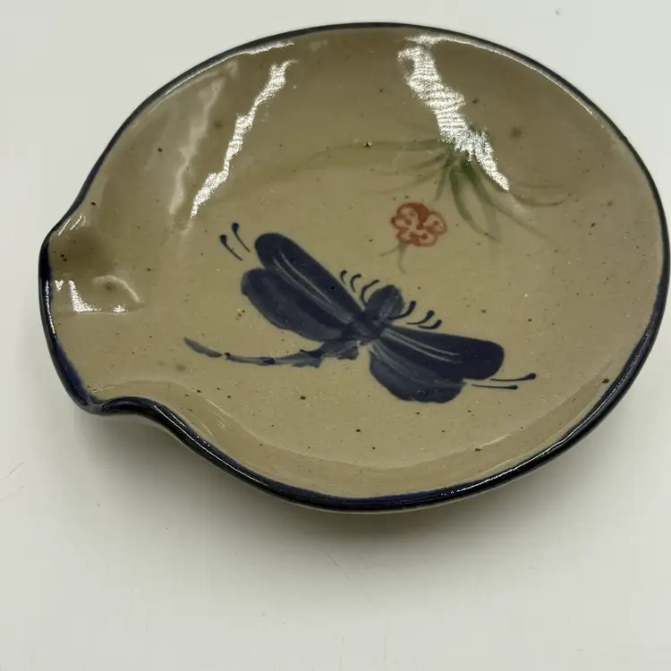 Rowe Pottery Works Cambridge WI Vintage Round Dragonfly Spoon Rest Trinket Dish