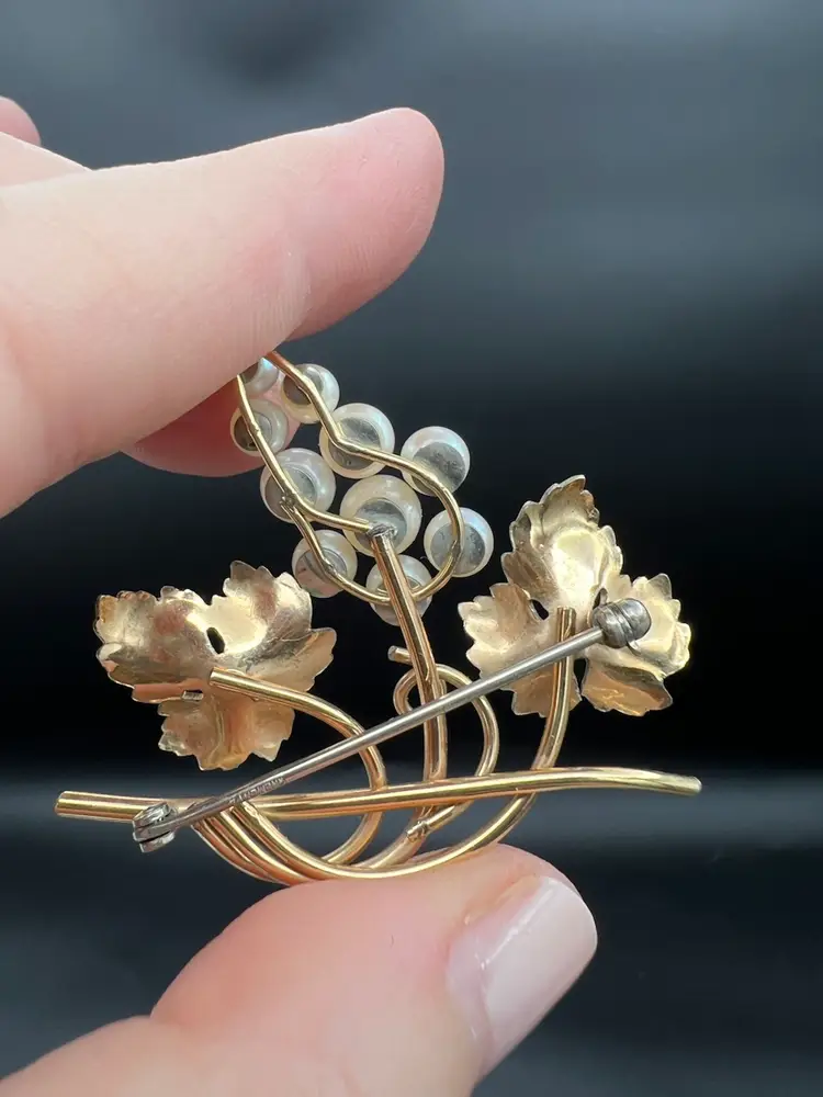 Golden Clustered Grapes Brooch With Faux Pearls