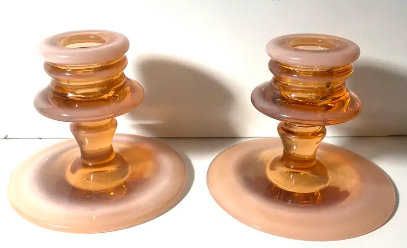 Beautiful Peachy Amber And Opalescent Candle Stick Holders. Fenton?
