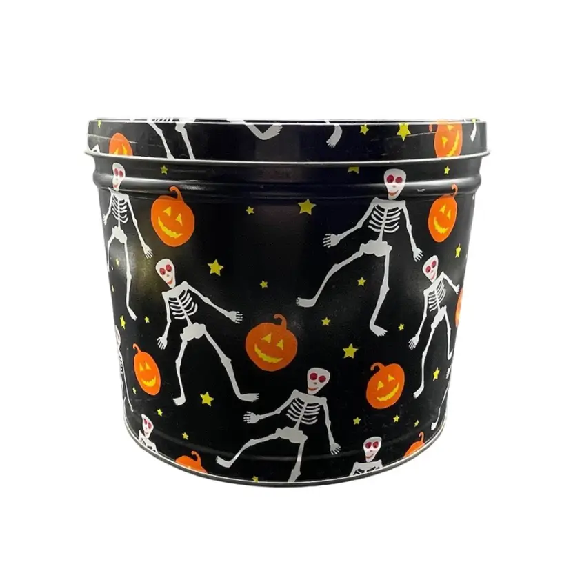 Vintage Popcorn Factory Halloween Skeleton Jack O'Lantern Tin Bucket with Lid