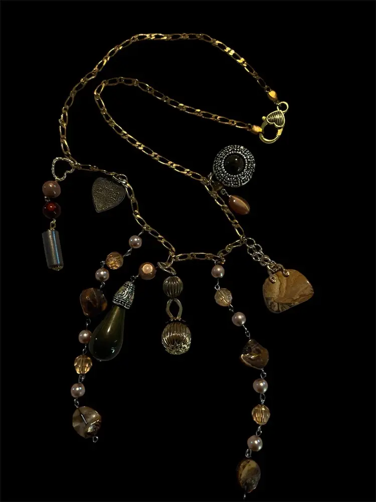 OOAK Artisan Gold And Brown Beaded Agate Stone Purse Charm 10K Necklace