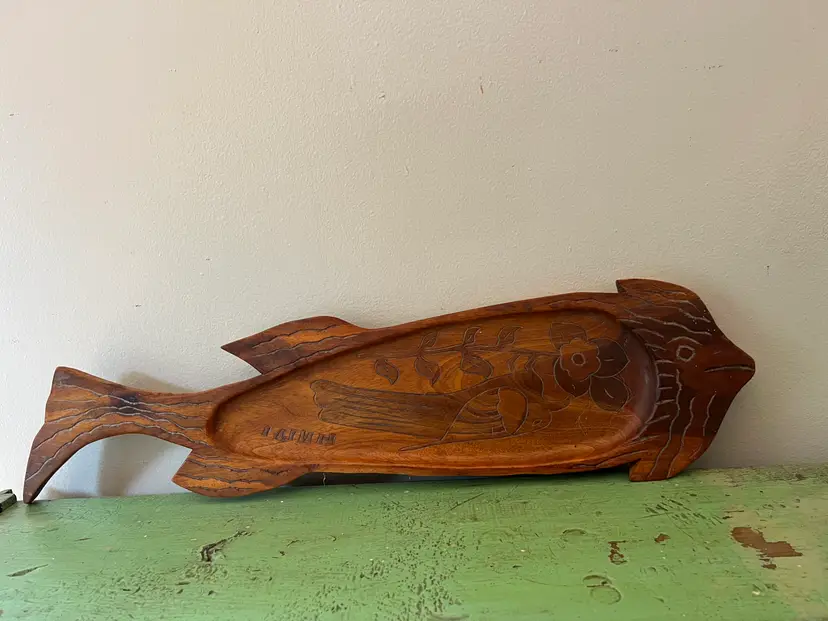 Hand Carved Wooden Fish Tray. 27" Long Fish Shaped Serving Board. Folk Art Unusual Wall Hanging Kitchen Serving