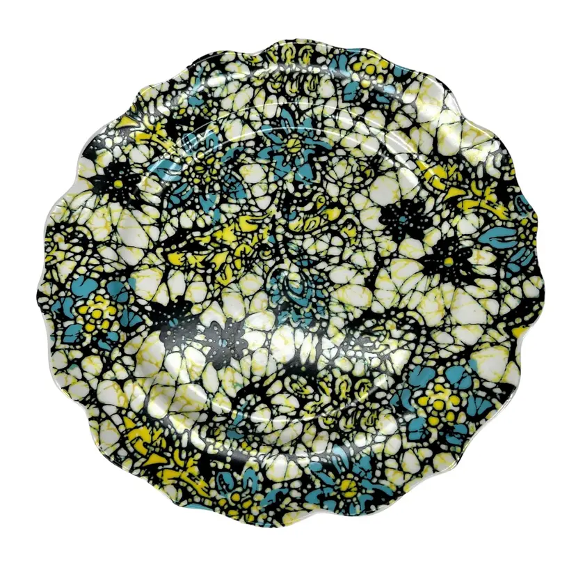 Anthropologie Aqua Yellow Black Mosaic Web Floral Scallop Edge Salad Plate 8”