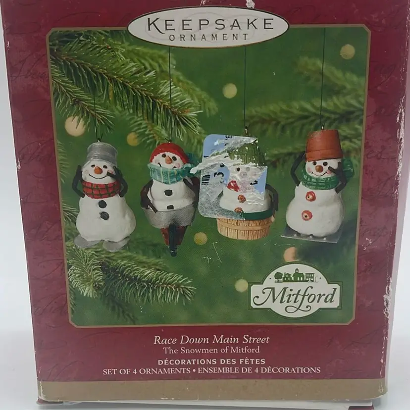 Hallmark Mitford Races Down Main Street Snowman Ornament Set Of Four