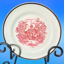 American Limoges Old Virginia pattern pink transferware plate. 5” Light Green And Copper Luster Guild 1970’s Revival MCM