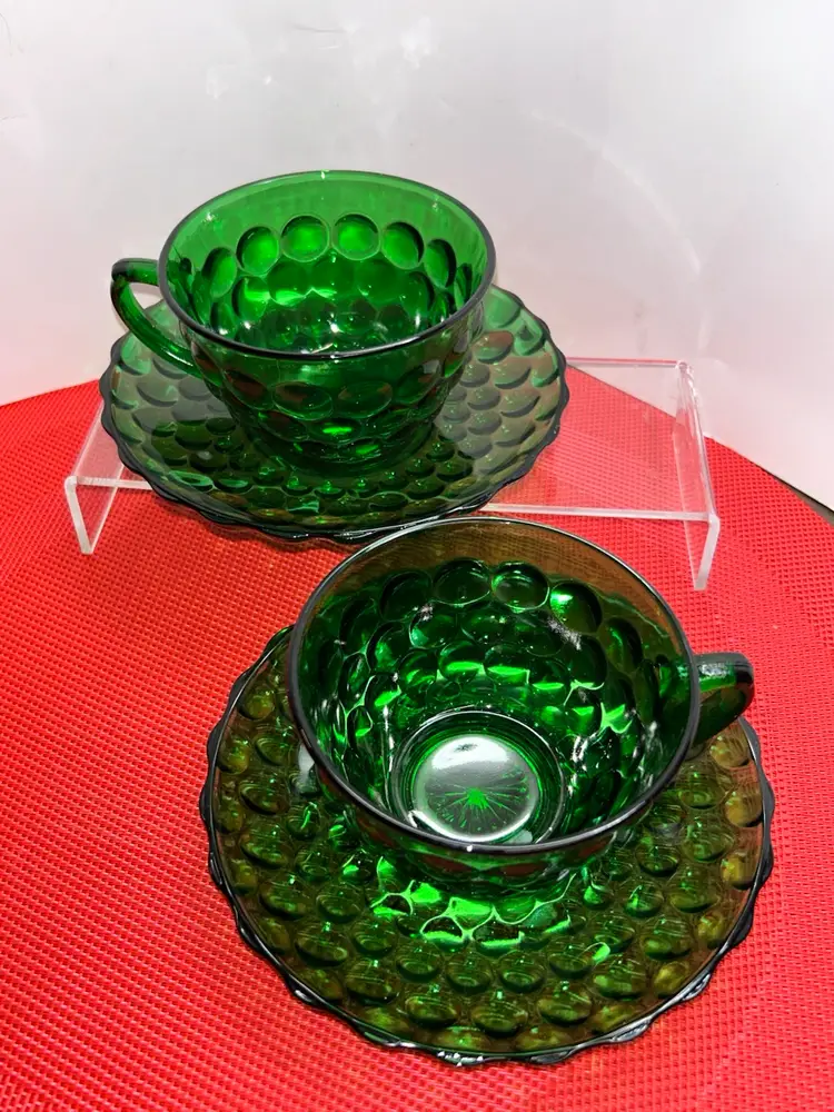 Anchor Hocking Pair Of Bubble Emerald Green Cup & Saucer Sets 1950’s