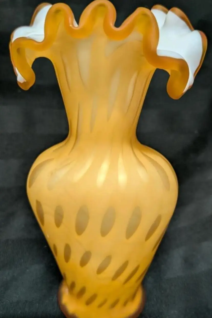 Fenton Glass Ruffled Edge Vase 6" Tall, Opalescent White Interior,