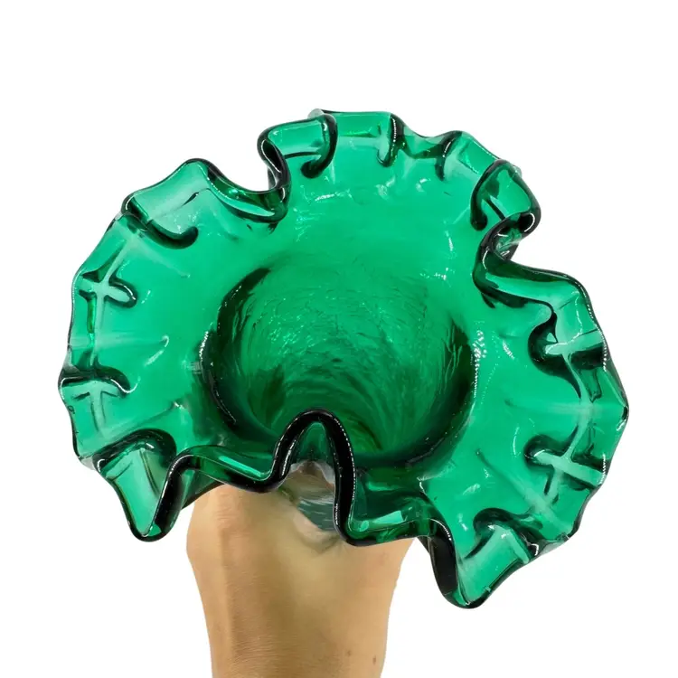 Dark Emerald Green Crackle Glass Ruffled Vase