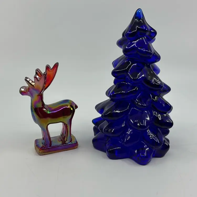 Cobalt Blue Tree & Red Carnival Deer Pair Mosser Glass 5.5” & 3.75”