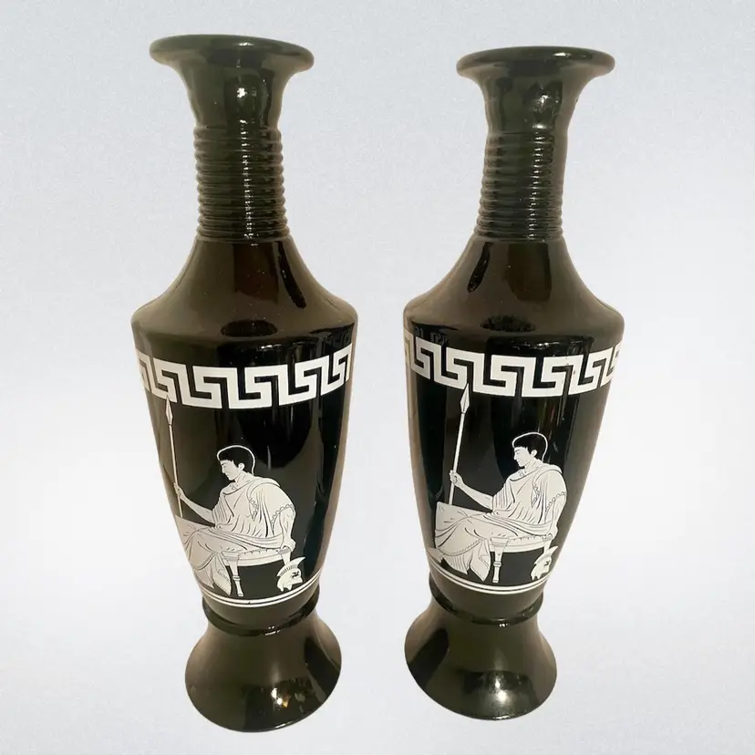 2 Vintage 1958 Jim Beam Whiskey Black Glass Bottle Decanter Greek Roman Emperor Grecian Key