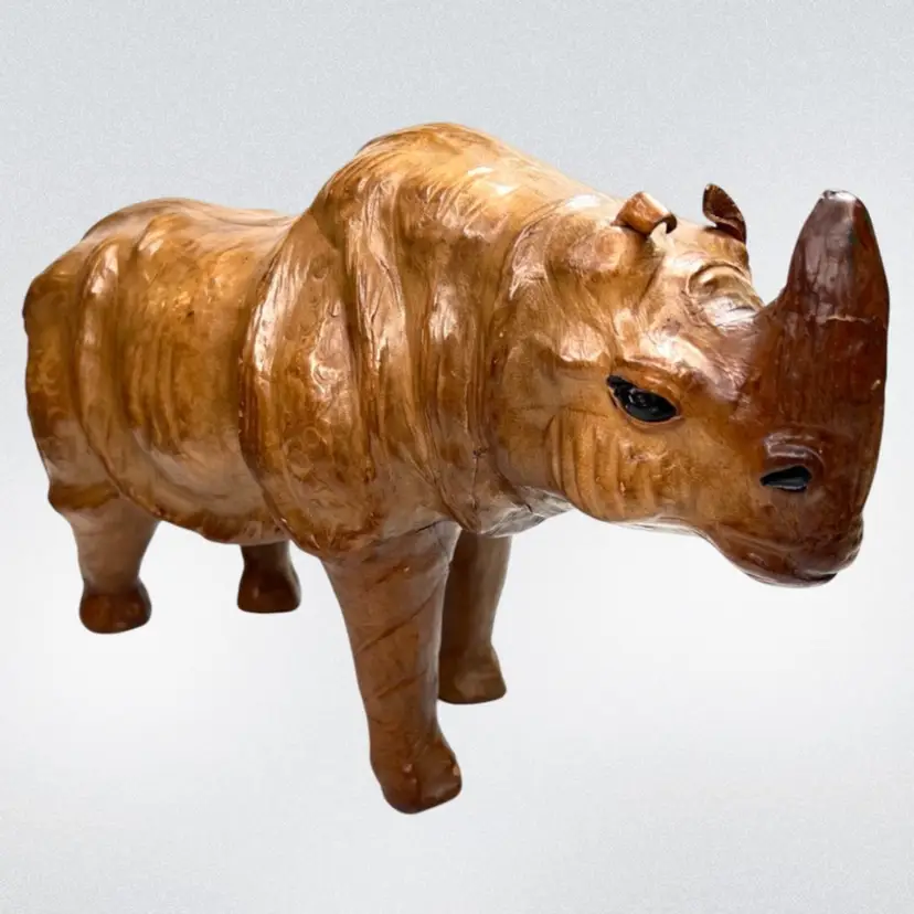 Leather Wrapped & Tooled Indian Greater One-Horned Rhino Art Sculpture. Incredible Piece! 13-1/4”L x 4”W x  7-1/2”H.