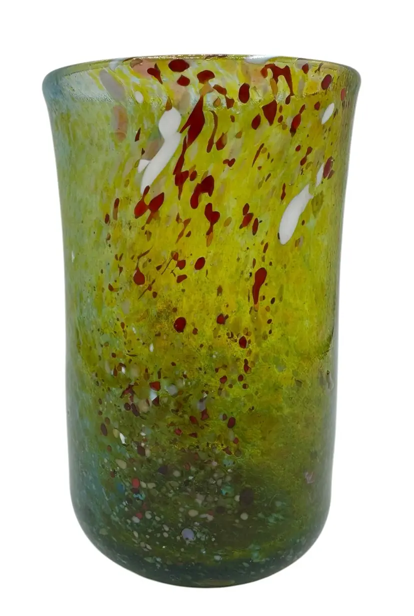 Signed Hand Blown Studio Art Glass Tumbler Cup Vase Green Red White Confetti