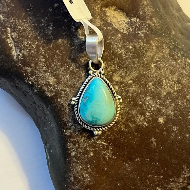 925 Sterling Silver Genuine Lone Mountain Turquoise Teardrop Pendant Small