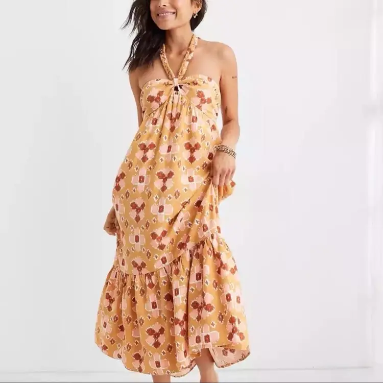 Aerie Ikat Linen Blend Tiered Tie Neck Maxi Sundress Yellow Small Boho Western