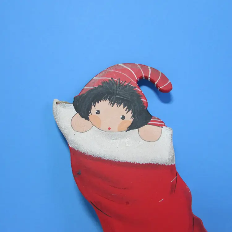 vintage painted elf in stocking Christmas wooden wall decor