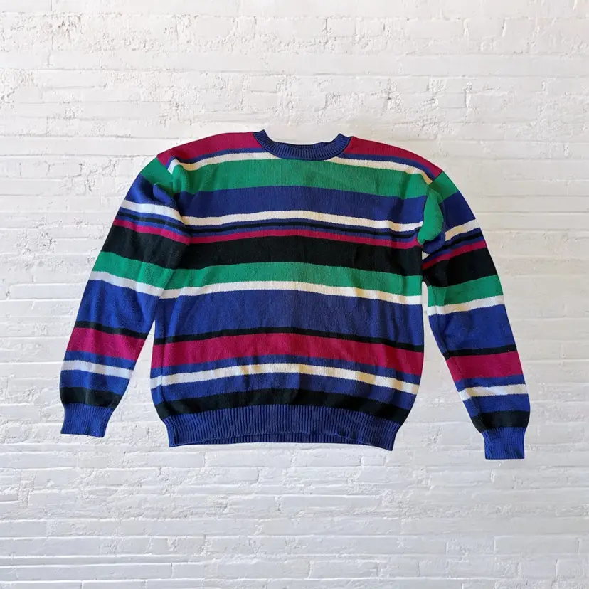 1990s Striped Sweater by Chelsea Campbell for Charter Club. 1990s Preppy Y2K Woman's Clothing. Colorful Jewel Tone Pullover Crewneck Sweater