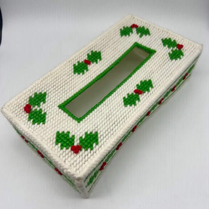 Vintage Plastic Canvas Tissue Box Cover With A Christmas Holly Design