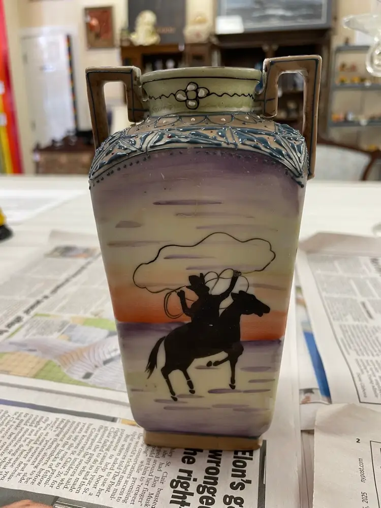 Antique Nippon Hand-Painted Cowboy Double Handle Vase with Intricate Moriage