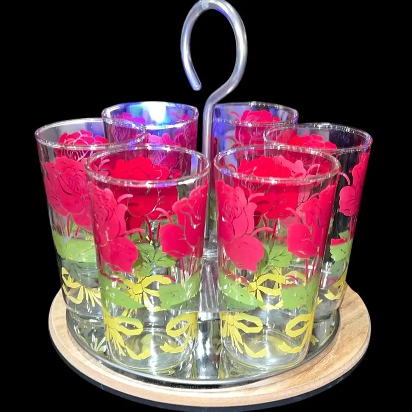 Hazel Atlas Tumblers In A Chrome Caddy