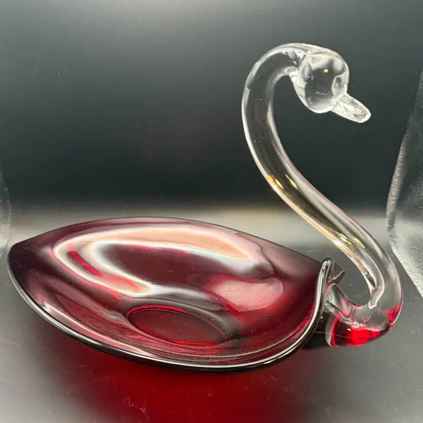 Duncan Miller MCM Ruby Red And Clear Glass Swan Bowl - Clear GLOWS - 12 in