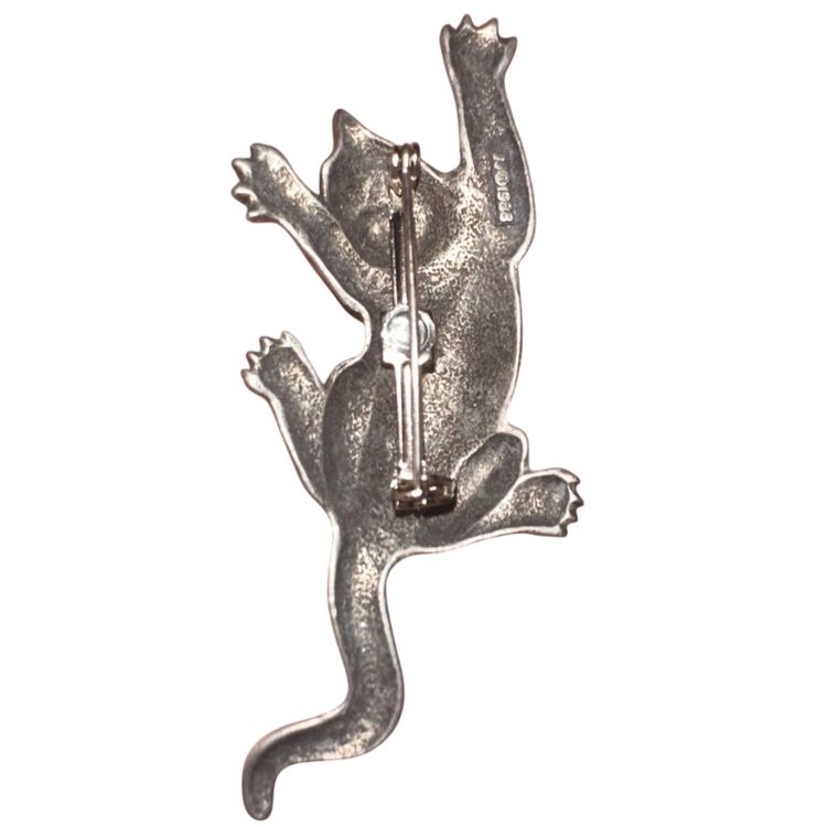 Vintage JJ Signed 1988 hanging cat Silvertone pin brooch 3”