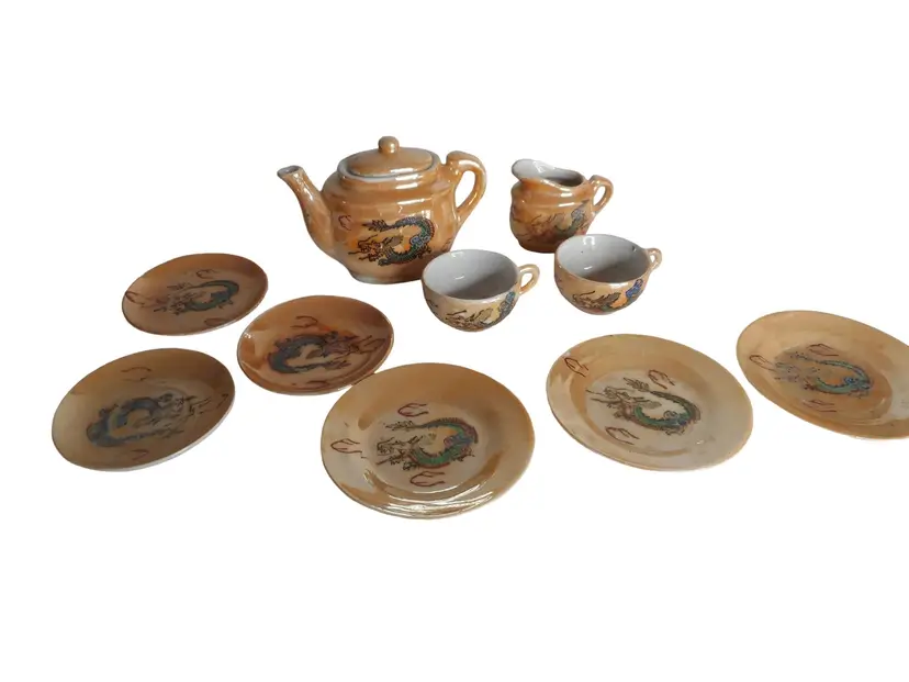 Vintage 10 piece Japan peach lusterware child's tea set with dragon