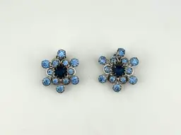 Vintage Silver Tone Blue Rhinestone Clip-on Earrings 1”