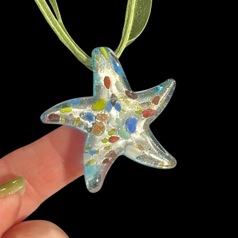 Aqua Starfish Art Glass Pendant w/ Corded Necklace Green | 18”