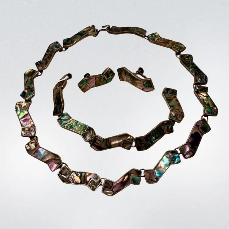 Vintage MCM Mexican Modernist Sterling Silver Abalone Inlaid Set; Necklace 16.5, Bracelet 6.5”, Screw Back Earrings 1.25”, 69.3g