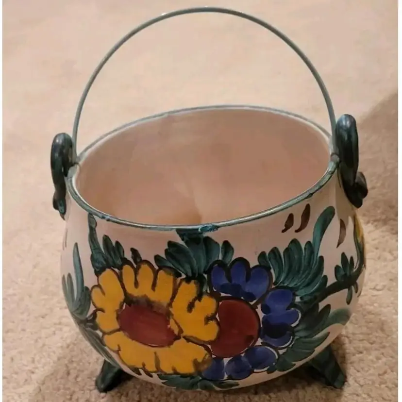 Ceramic Cauldron Colorful Floral Planter w/Handle • Made in Italy • Handpainted