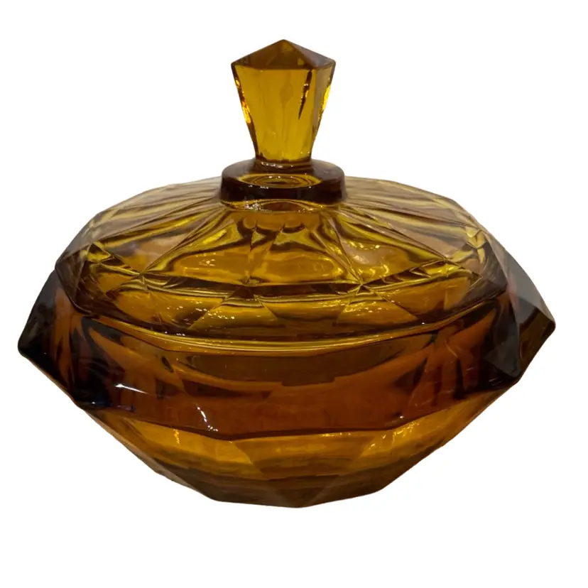 Viking Glass Diamond Point Amber Candy Dish w Lid  Mid Century Modern 8”