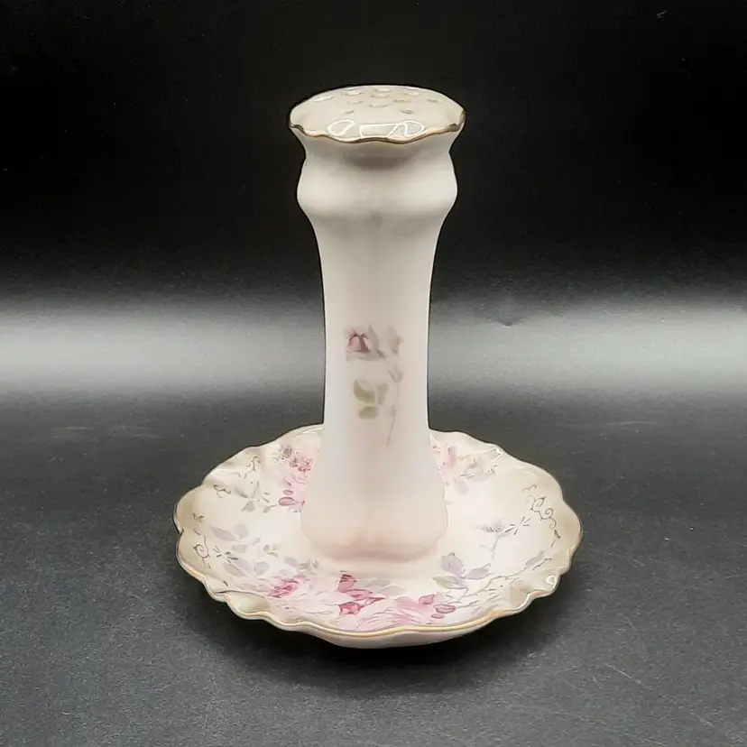 RS Hat Pin Holder Trinket Ring Dish Pink Gray/Green Floral