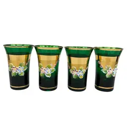 4 Vintage Czech Bohemian Gold Gilded Dark Green Shot Glasses Hand Painted Floral