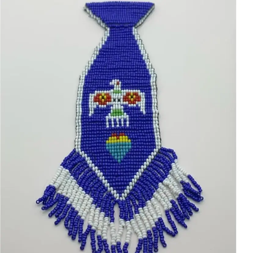80. Vintage Native American Hand Made Blue Glass Seed Bead Thunder Bird Necktie Pendant
