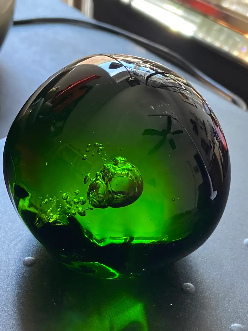 Green Glass Paperweight, Organically Shaped Resembling a Small Peach, w/ Controlled Bubble Inside