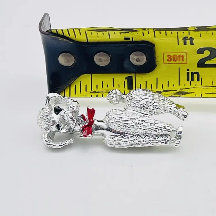 Vintage Silver Tone Poodle Brooch with Red Bow French Dog Puppy Canine 11773
