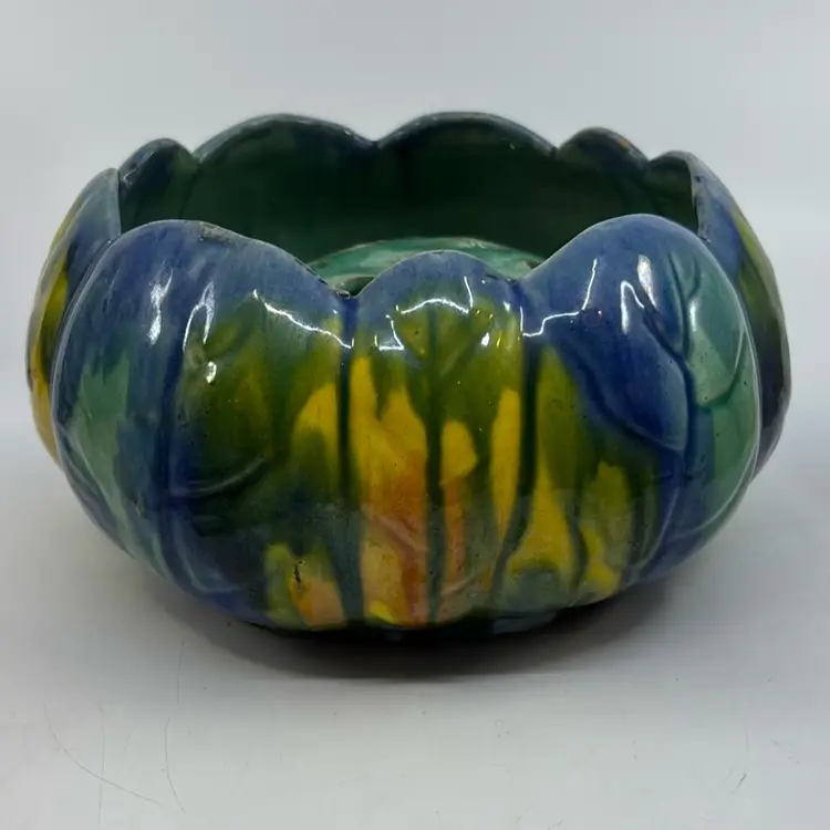 Majolica Drip Glaze Pottery Flower Frog Leaf Bowl 6Dia 3.5H