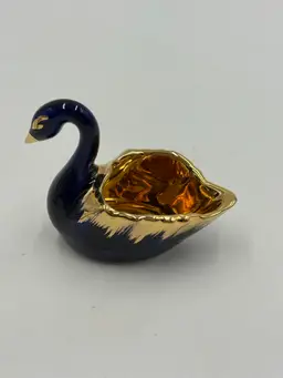 Vintage Limoges France Porcelain Miniature Cobalt Blue Gold Swan Trinket Dish