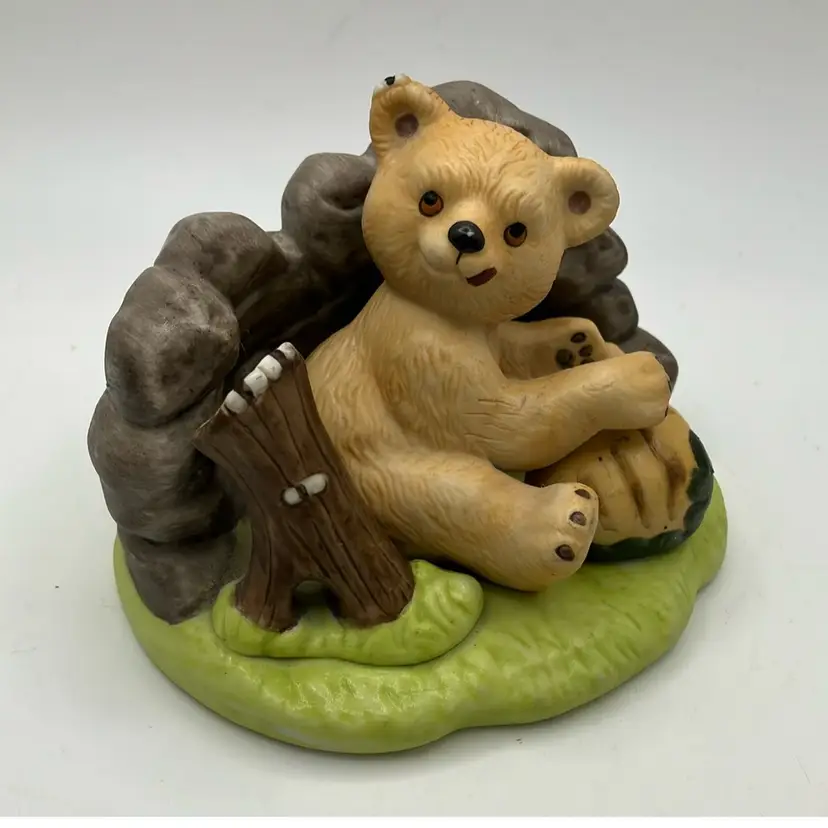 2 Piece Franklin Porcelain Woodland Surprises Honey Bear Figurine - 1984
