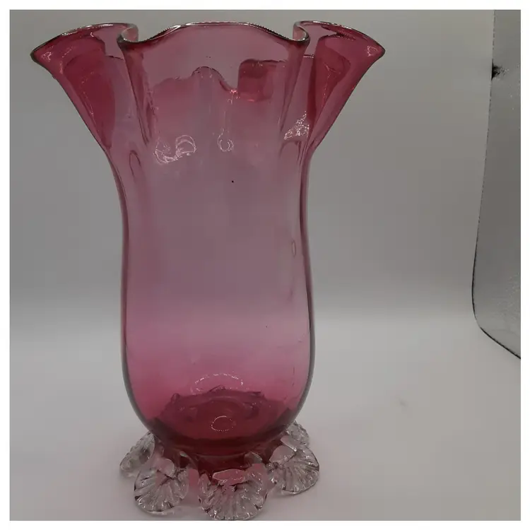 Vintage Pilgrim Glass Cranberry Vase with Ruffled top Edge, Clear Applied Feet, Hand Blown