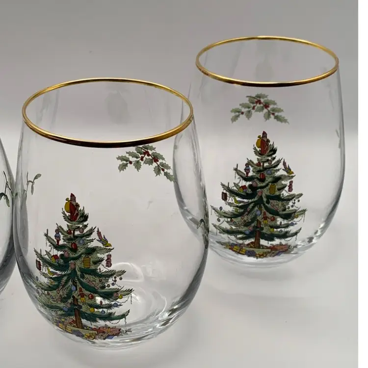 SPODE Christmas Tree 16oz Stemless Wine Glasses. Set Of Four With Gold Trim On The Lip.
