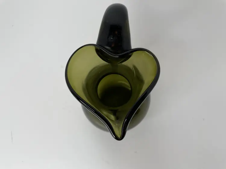 Vintage Smokey Green Hand Blown Glass Pitcher Vase Applied Handle Heart Top 5”