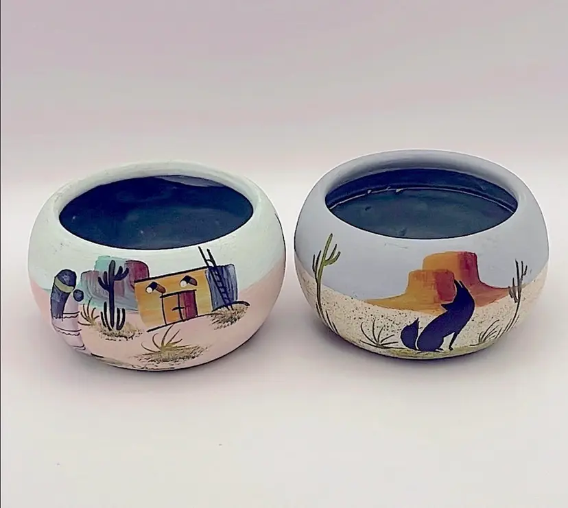 Hand Painted, 2 Small Pottery Bowls, Made in Mexico Sticker, Signed. Soft colors!