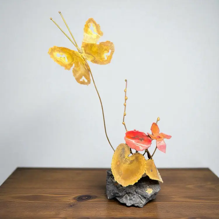 Vintage Signed Cole Metal Art Butterfly Brass Lava Rock Sculpture MCM As Is