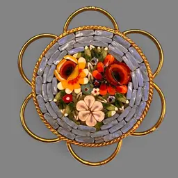 Vintage Micro Mosaic Brooch Ornate Scalloped Frame Made In Italy 1.5”