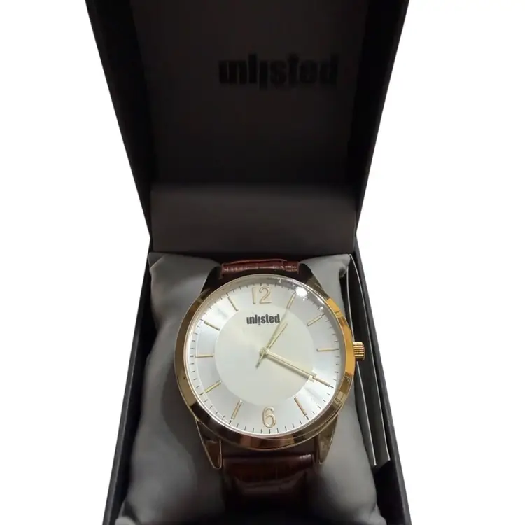 New $69 Unlisted by Kenneth Cole men's analog watch with a gold-tone case, silver-tone dial, and brown leather strap.