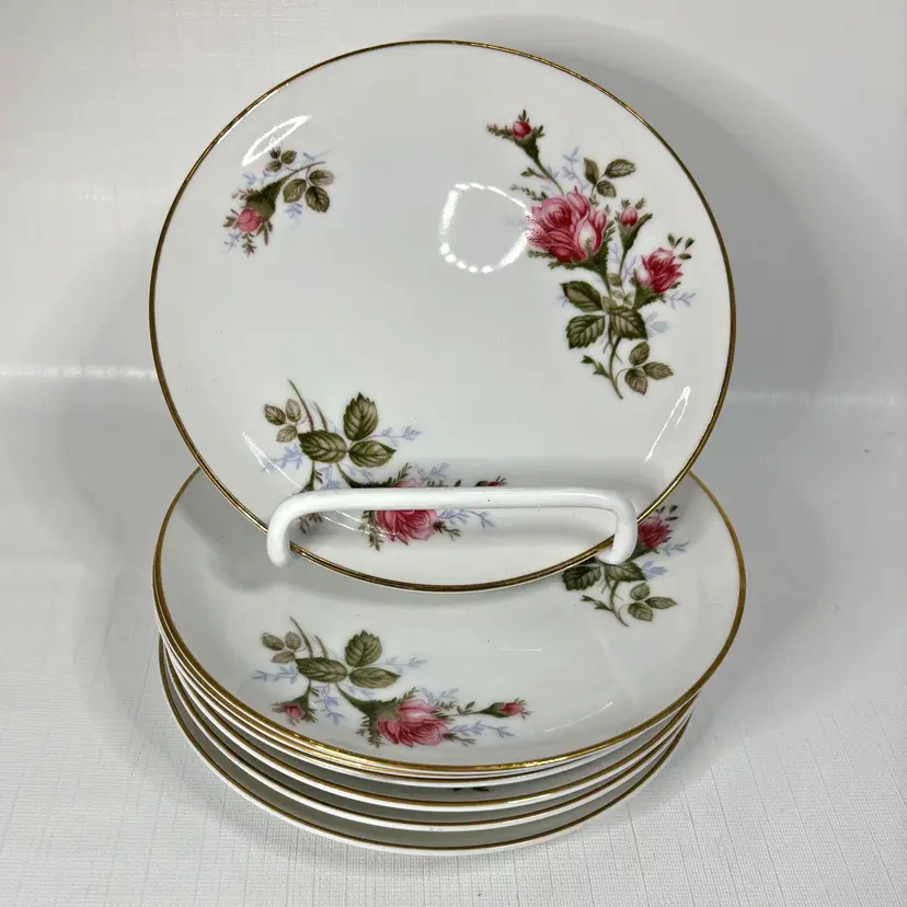 Sango Moss Rose Coupe Bread Plates Retired Set 7 Mid Century Cottage Core Vintage
