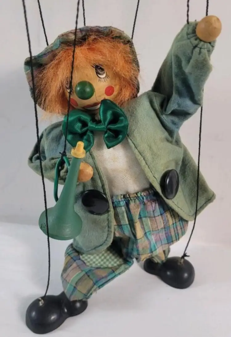 Vintage Pelham Puppet Clown Marionette / String Puppet . Puppet 12" Tall.  Puppet and Control Measures 21" Tall